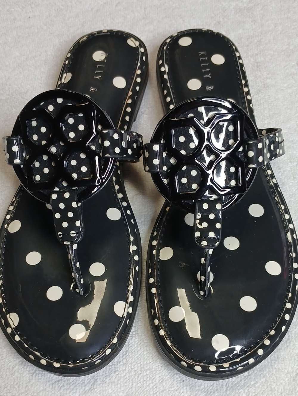 Kelly & Katie Black and White Polka Dot Jelly T-Strap Sandals